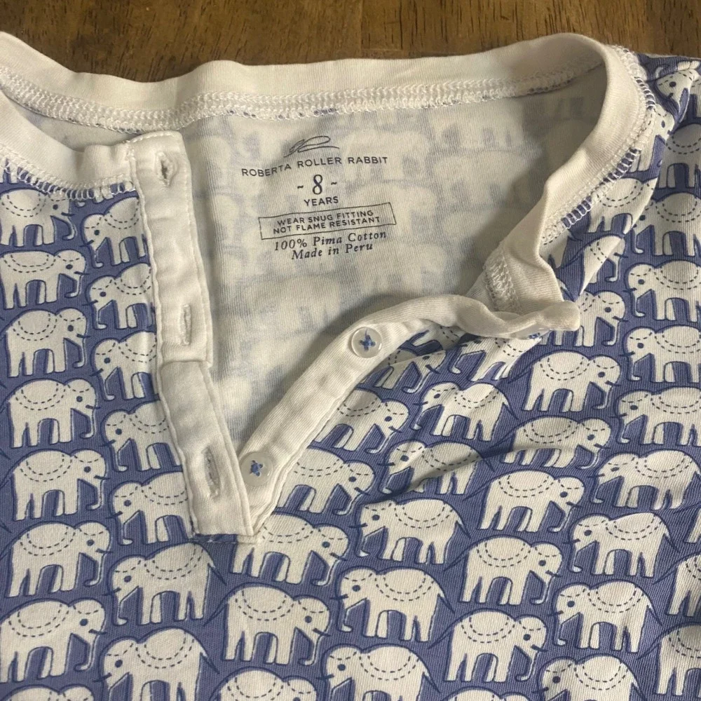 Roberta Roller Rabbit‎ Pajama Top Kids Blue Elephant Print Henley SIZE 8